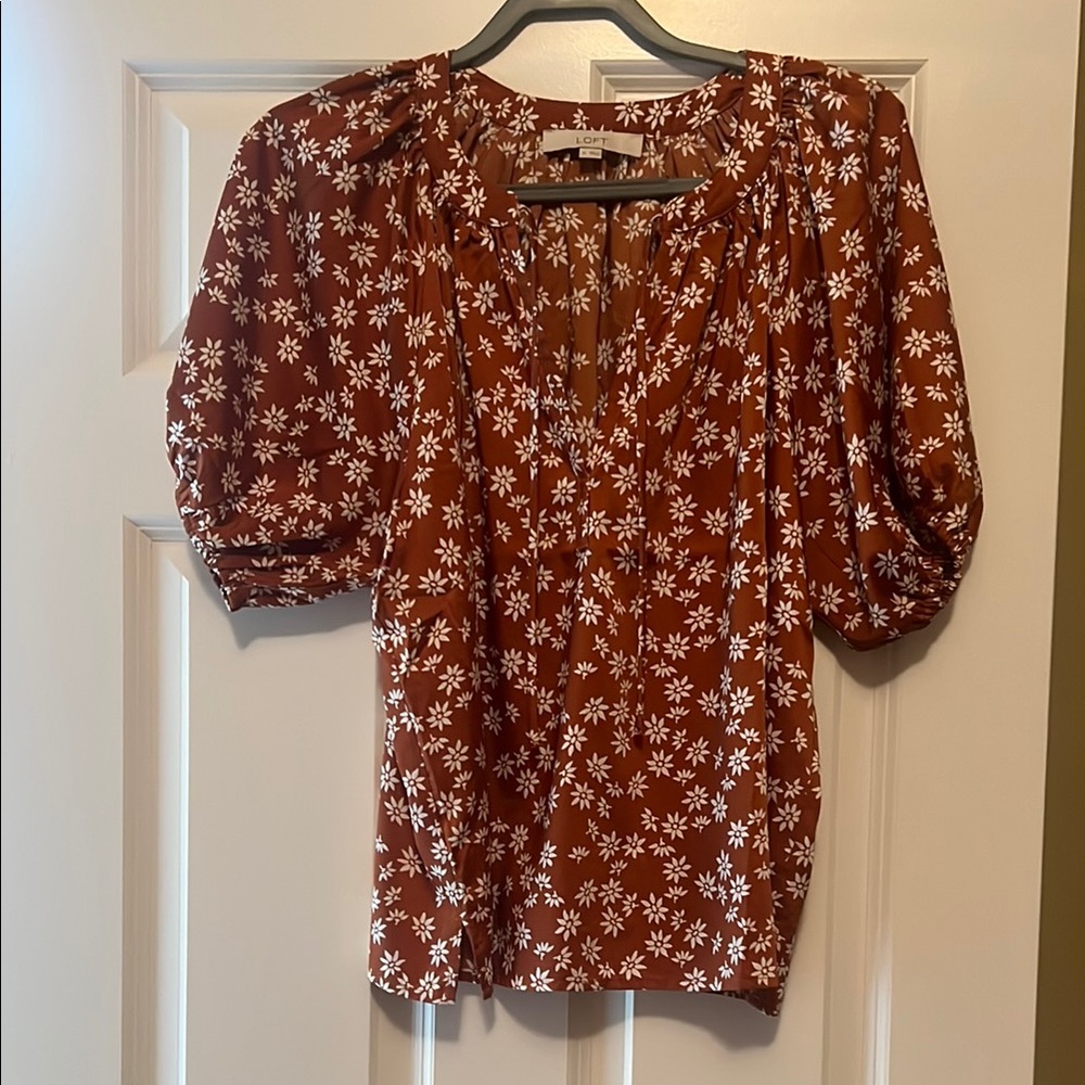 LOFT Brown Smocked Puff Sleeve Blouse